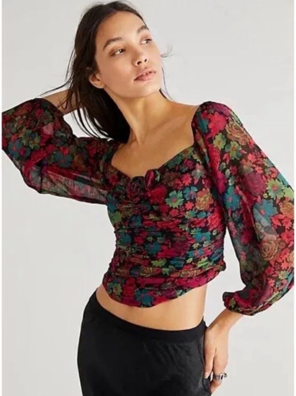 NWOT- Free People Through Oh Lala Top Floral Blouse Black & Red Small